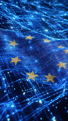 Aufkleber - European Union flag waving on computer generated background with glowing internet connections, symbolizing digitalization