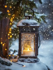 Wall Mural - lantern with lit candle in snow