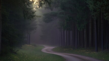Wall Mural - a winding path through a misty forest surrounded by tall trees and soft light.