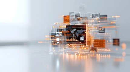 Poster - futuristic holographic projection of detailed 3d world currencies with light reflecting transparent 