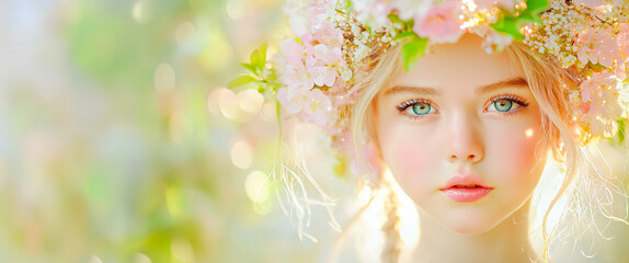 Wall Mural - Ethereal Spring Portrait of a Woman with Floral Crown and Radiant Expression