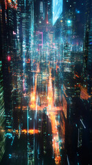 Aufkleber - Digital rain falling on a futuristic cityscape with glowing skyscrapers and vibrant lights, creating a mesmerizing scene of technological advancement