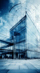 Fototapete - Architectural blueprint overlaying glass structure, urban design concept under cloudy skies