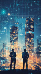 Poster - Two businessmen are looking at the illuminated skyline of a smart city with a futuristic digital hologram