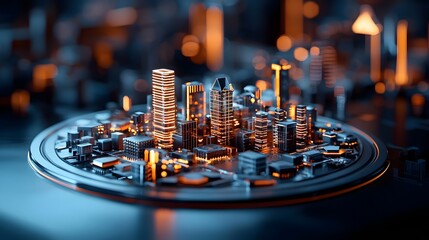 Poster - Holographic 3D architectural rendering visualization of a floating ultra modern urban development model with futuristic glowing accents and digital design elements  Concept image for smart city