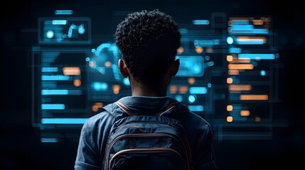 Poster - Holographic AI powered education access tracker displaying real time literacy rates and global school enrollment data on a futuristic digital interface