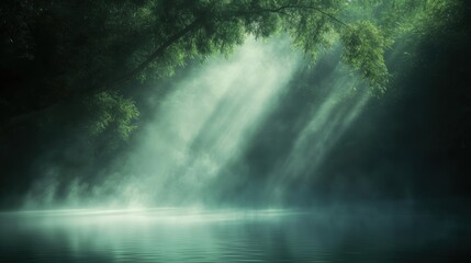 Wall Mural - sunlight filtering through trees over a calm, misty lake.