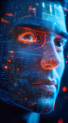 Aufkleber - Projecting digital circuitry on a man's face, symbolizing the fusion of artificial intelligence, cybersecurity, and technology with humanity