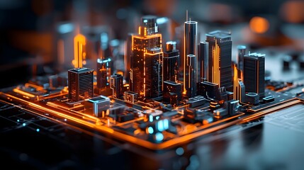 Poster - holographic architecture rendering showcasing a floating 3d urban development model with ultra moder