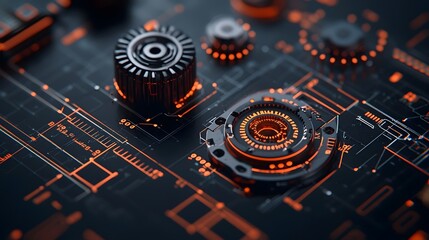 Poster - Holographic engineering blueprint featuring a 3D rotating mechanical assembly with glowing lines precise schematics and lighting showcasing a futuristic and innovative technology concept