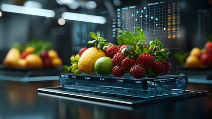 Poster - Holographic Fruit Analysis System Showcasing Floating Digital Scans of Fresh Produce with Precise Nutritional Data in an Ultra Modern Scientific Environment