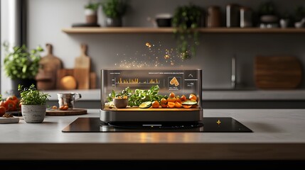 Poster - Holographic futuristic chef assistant floating 3D digital cookbook with animated recipe steps displayed in a bright  modern and high tech kitchen interior  Advanced cooking technology