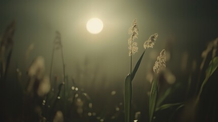 Wall Mural - Soft sunlight illuminating tall grass in a misty field.