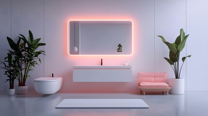 Poster - Holographic Interior Design Visualization showcasing floating 3D furniture models in a bright minimal and futuristic setting with glowing accents and a sleek contemporary aesthetic
