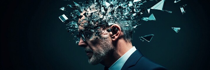 Poster - Glass shards exploding from a businessmans head, representing the overwhelming stress, information overload, and mental health challenges faced in todays high pressure work environment