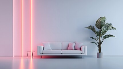 Poster - Holographic Interior Design Visualization featuring Floating 3D Furniture Models in a Bright Minimal and Futuristic Setting with Glowing Accents