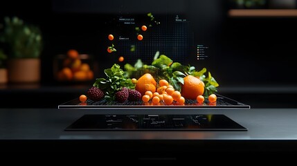 Poster - Holographic Produce Analysis System displaying detailed nutritional information and digital scans of fresh fruits and vegetables in a sleek modern and highly technological scientific environment
