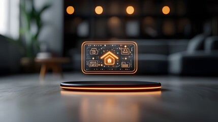 Poster - Holographic Smart Home Control Panel with Futuristic Floating Digital Interface Sleek Minimalist Interior with Intelligent Automation Icons