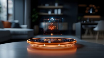 Poster - Holographic smart home technology featuring a futuristic floating 3D device control interface in a sleek modern and brightly lit interior setting