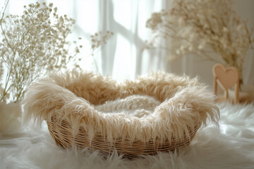 Wall Mural - Photography setup with an empty fluffy Moses basket and flowers designed for newborn portraits