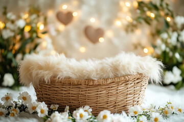 Wall Mural - Photography setup with an empty fluffy Moses basket and flowers designed for newborn portraits