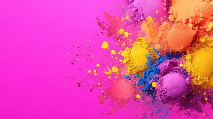 Poster - Vibrant explosion of colorful powders against a solid pink background