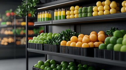 Poster - Hyper Detailed Holographic Fruit and Produce Display in a Clean Modern Store Setting  An and Visually Captivating Shopping Experience