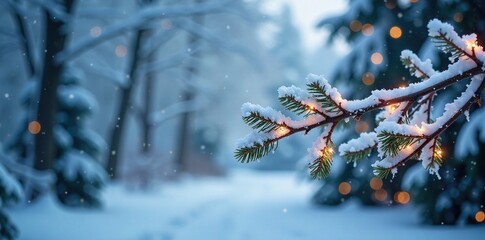 Wall Mural - Snowy tree branches with frosted leaves and twinkling lights, icy, serene