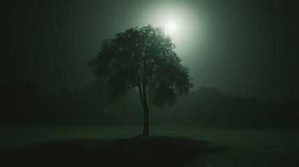 Wall Mural - A solitary tree stands in a foggy field illuminated by moonlight.