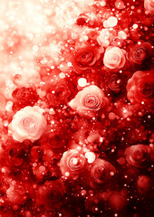 Wall Mural - A red and white flowery background with red roses in the foreground. The roses are scattered throughout the image, with some in the foreground and others in the background. Scene is one of romance