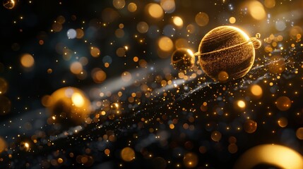 Poster - vibrant cosmic illustration of planets surrounded by shimmering golden particles and stardust in a n