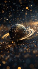 Poster - detailed view of a cosmic scene featuring a shimmering planet with rings set against a backdrop of s