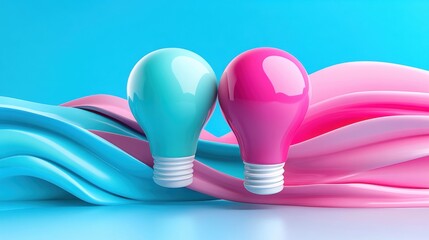 Wall Mural - Colorful light bulbs on flowing pastel waves, vibrant background.