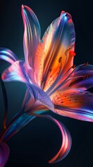 Poster - vibrant lily flower illuminated with colorful light against dark backdrop at an art exhibition
