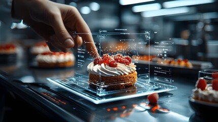 Poster - Mesmerizing holographic gourmet dessert projection with a transparent glowing digital interface capturing the future of innovative culinary technology and advanced food presentation