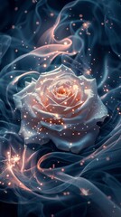 Poster - Elegant rose glows amidst enchanting wisps of mist and sparkling light in a captivating display of nature's beauty