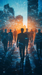 Aufkleber - Silhouetted businesspeople walking in a futuristic city with network connections, symbolizing the concept of smart city and internet of things