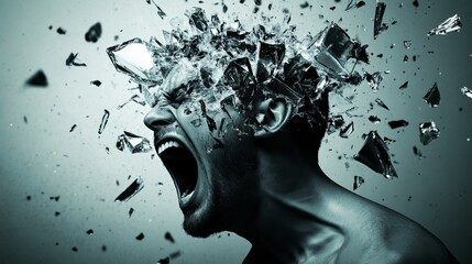 Poster - Man screaming in pain as his head shatters into glass pieces, illustrating mental health struggles like information overload, burnout, stress, and migraine