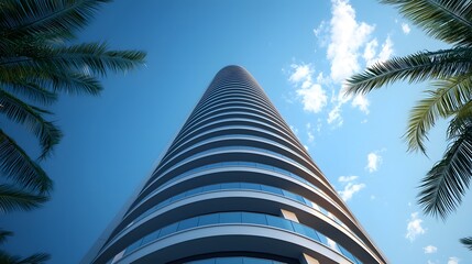 Poster - striking modern tower with a twisted angular architecture and metallic reflections standing tall in 