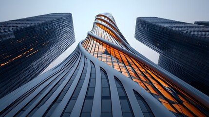 Poster - striking modern tower with twisted angular architecture and metallic reflections standing tall in a 
