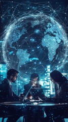Fototapete - Businesspeople working together at a round table with laptops and digital planet earth, representing global communication and data exchange
