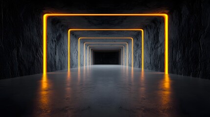 Poster - Stunning 3D render of a futuristic underground research facility featuring illuminated pathways arched gateways and cutting edge technological elements  The clean