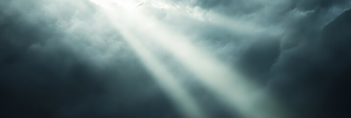 Poster - Sunbeams are filtering through a dramatic cloudscape, creating an atmospheric and moody scene, ideal for backgrounds and projects related to nature, weather, and spirituality