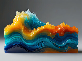 A abstract sculpture made of glass and paint with fluid designs in blue, orange, and gold. Modern art pieces with glossy textures and organic forms.