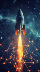 Aufkleber - Spaceship flying and emitting fire in starry sky with network connection surrounding the flames, concept of space exploration and technological advancement