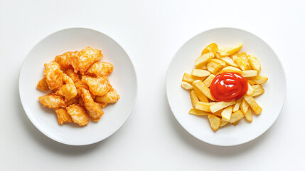 Wall Mural - Fish and chips with ketchup bundle, side and top view on white plates, isolated on a white background.