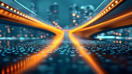 Poster - Sweeping futuristic bridge with glass floors and striking curved design spanning across a glowing illuminated river at night in a modern urban cityscape