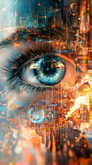 Aufkleber - Futuristic cityscape reflecting in a human eye, symbolizing the concept of smart city and the integration of technology with human life