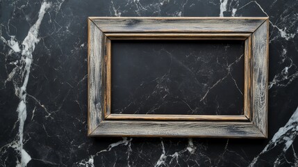 Wall Mural - Wooden frame template on black marble wall