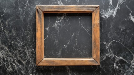 Wall Mural - Wooden frame template on black marble wall